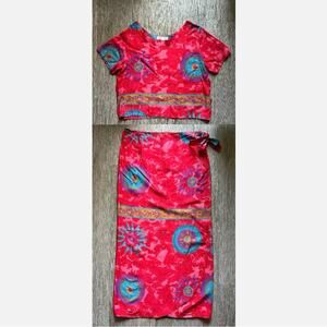 Tiasa Vintage Red/Multicolor 2-Piece Resort Tunic Shirt Wrap Skirt Size Medium